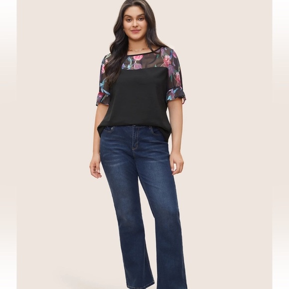 BloomChic Plus Size 3XL Floral Patchwork Mesh Round Neck Flutters T-shirt us22 - Picture 6 of 7